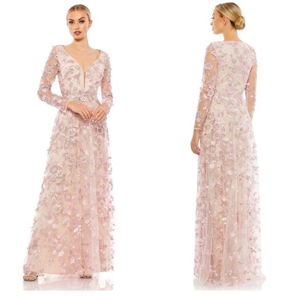 B58 Mac Duggal Floral Long Gown Womens 8 Modest Wedding Garden Coquette Gala - Picture 2 of 11